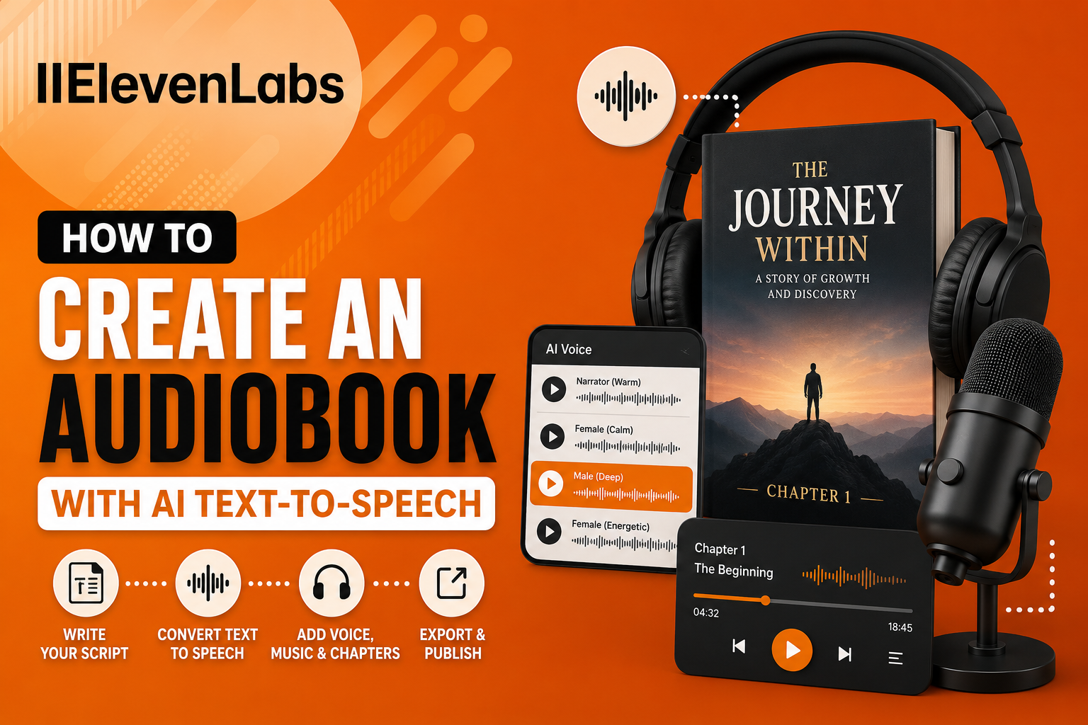 ElevenLabs audiobook AI text-to-speech tutorial thumbnail with book, headphones, microphone, and AI voice interface.